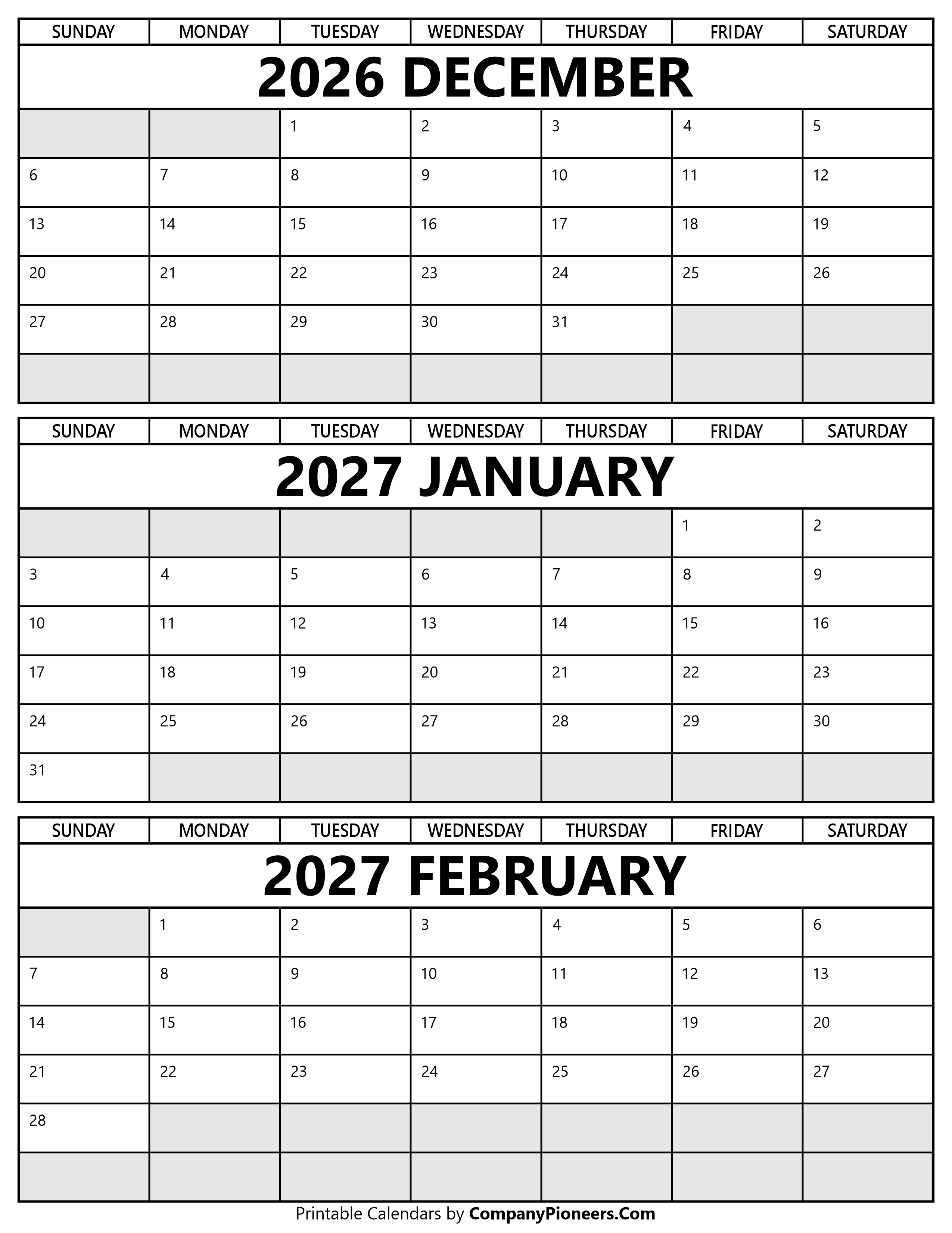 Printable December 2026 to February 2027 Calendar