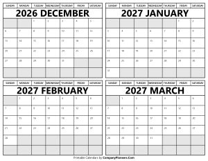 Printable December 2026 to March 2027 Calendars
