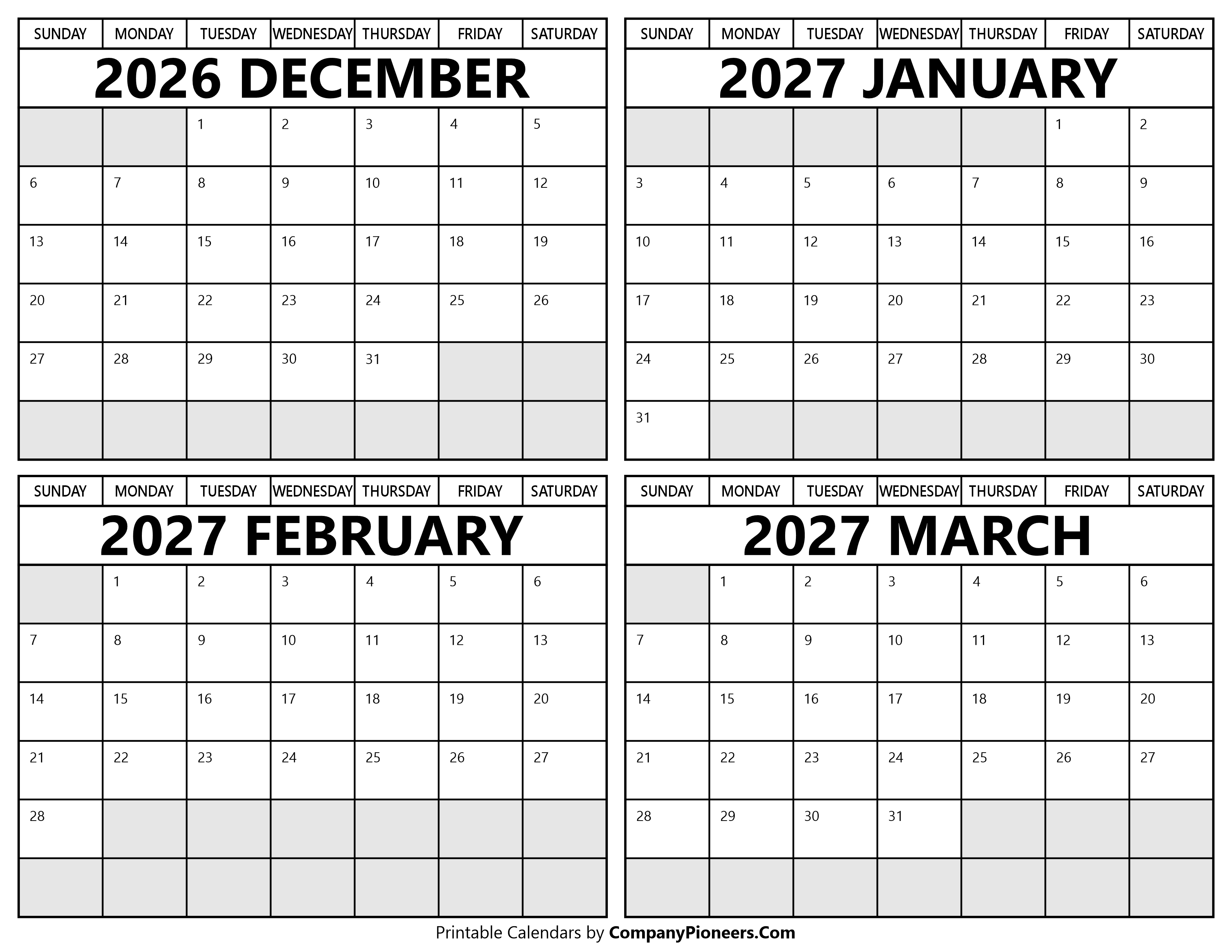 Printable December 2026 to March 2027 Calendars