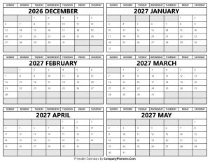 Printable December 2026 to May 2027 Calendar