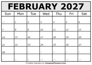 Printable February 2027 Calendar Italic Font