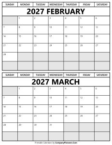Printable February March 2027 Calendar
