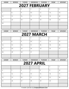 Printable February to April 2027 Calendar