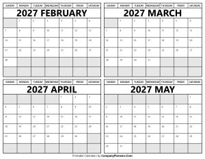 Printable February to May 2027 Calendars