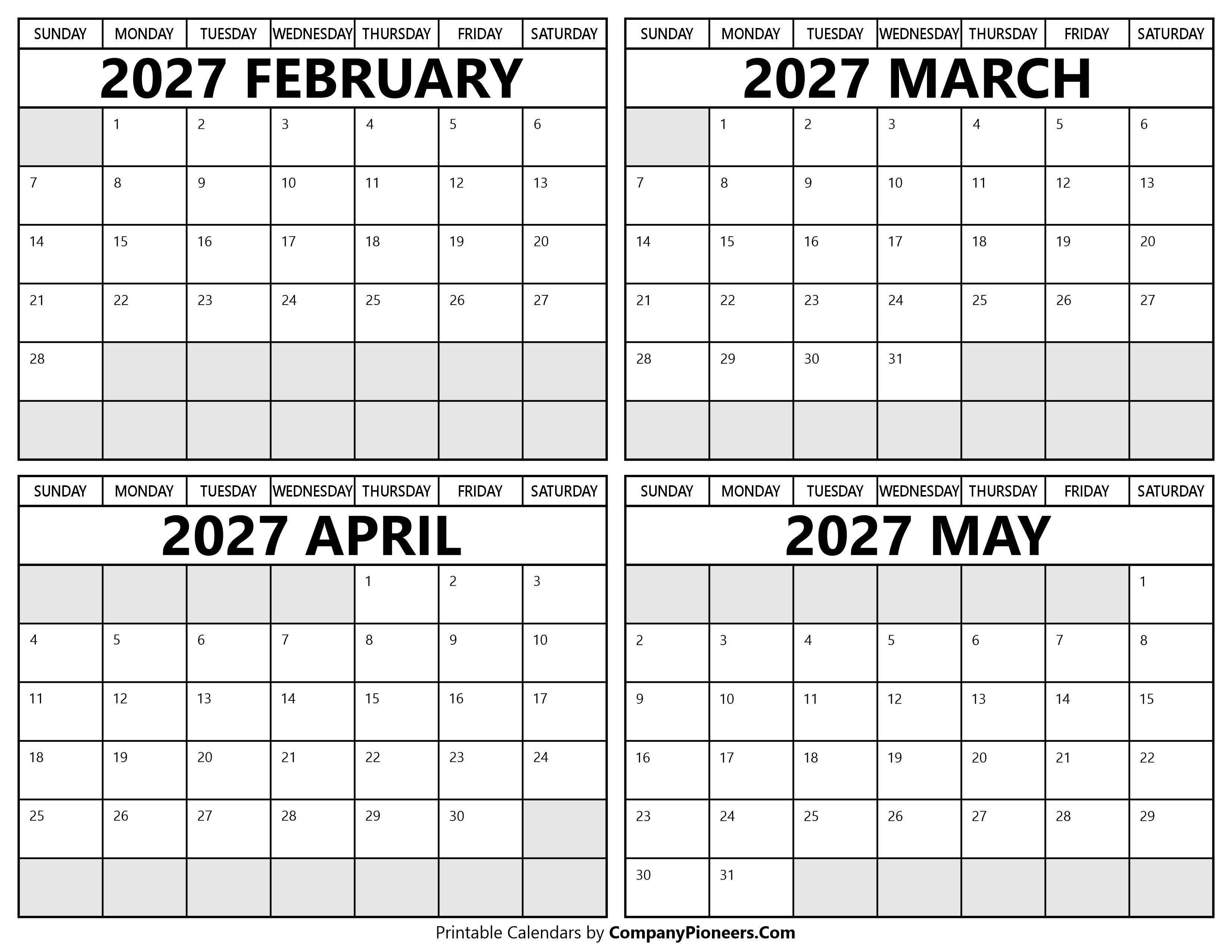 Printable February to May 2027 Calendars