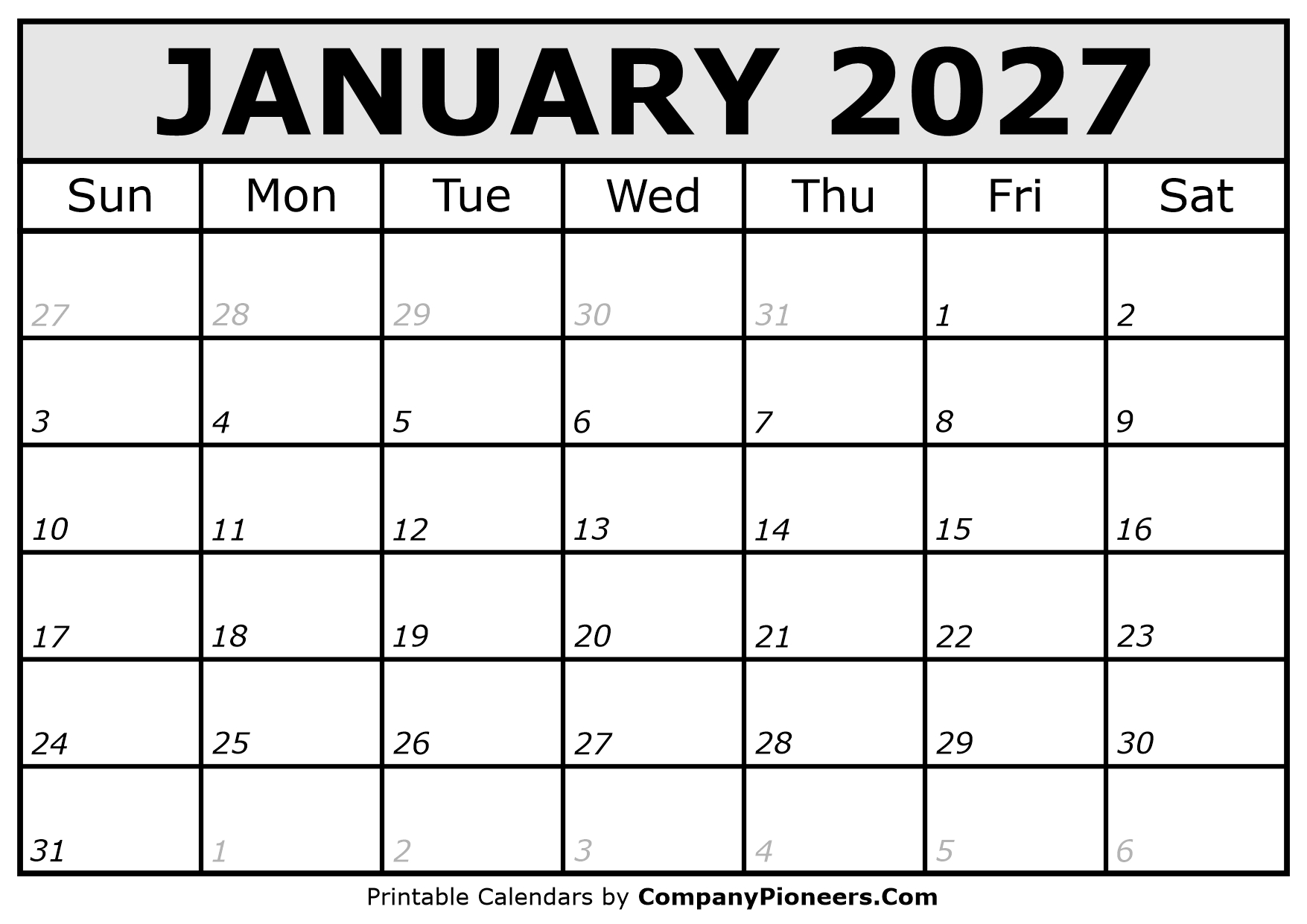 Printable January 2027 Calendar Italic Font