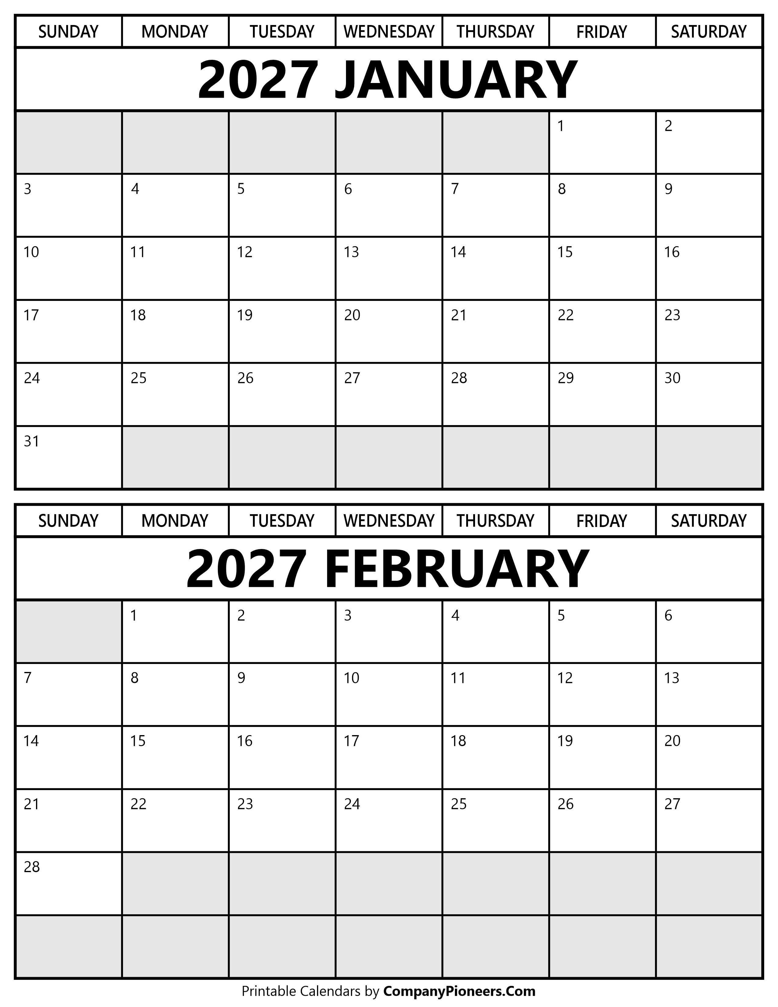 Printable January February 2027 Calendar