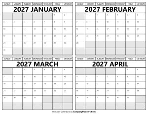 Printable January to April 2027 Calendars