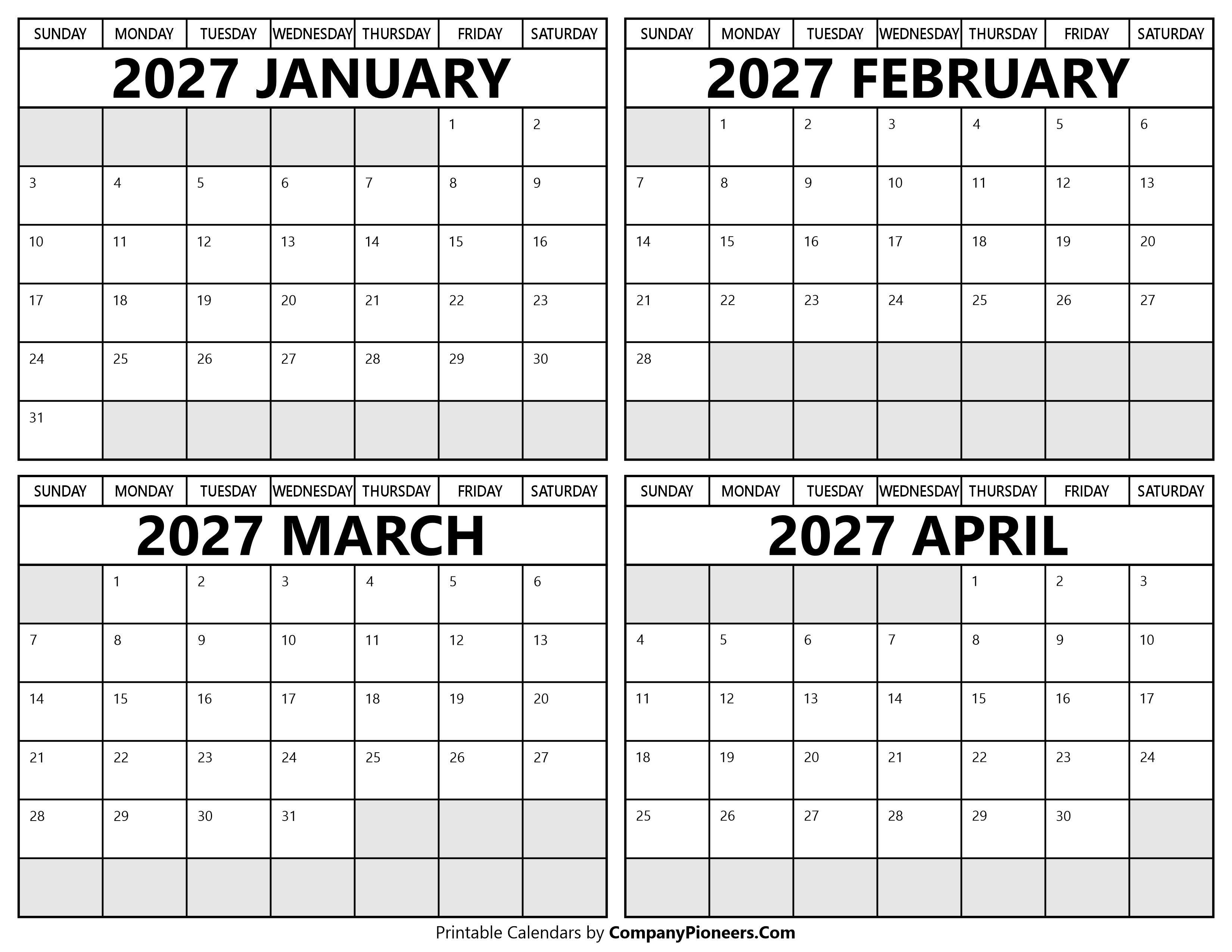 Printable January to April 2027 Calendars