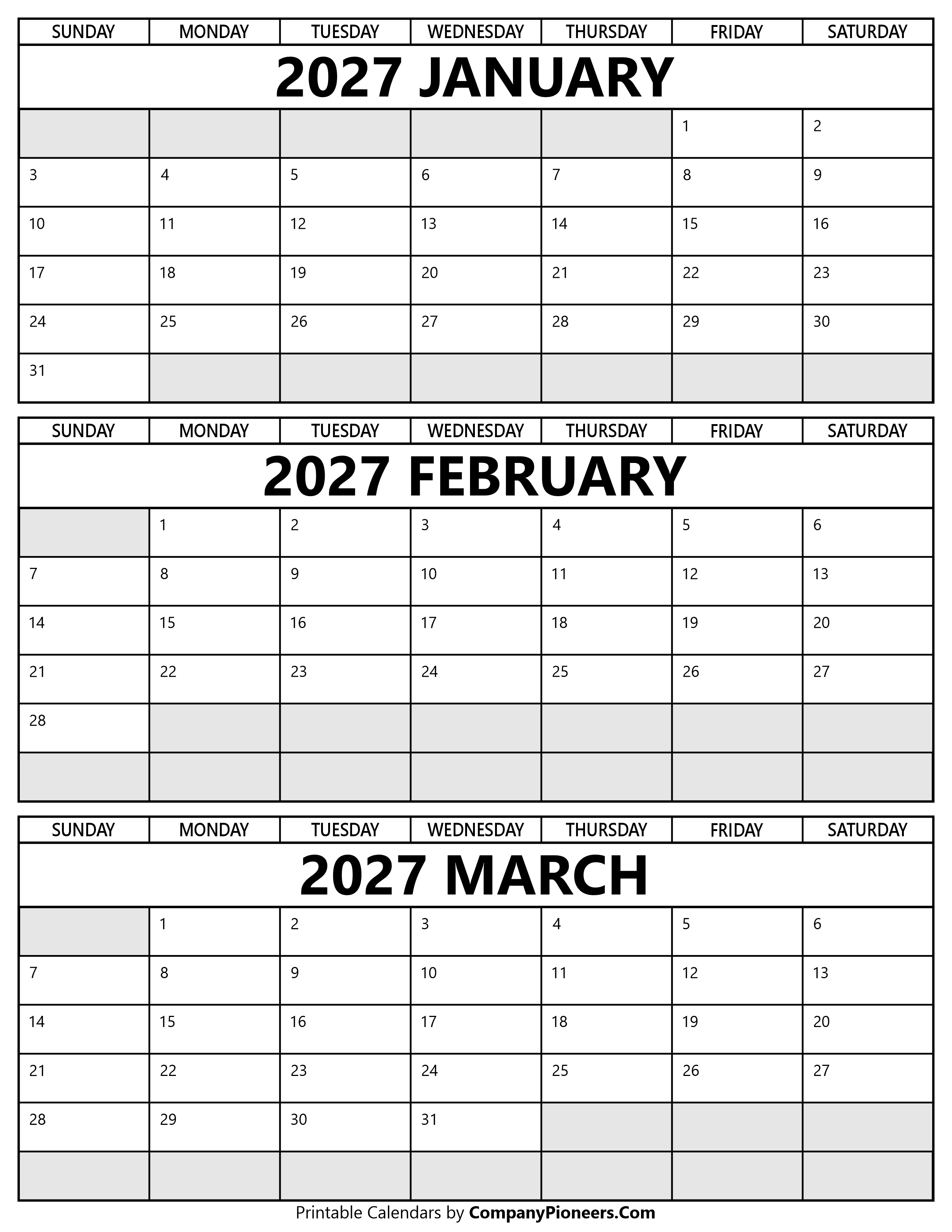 Printable January to March 2027 Calendar