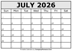 Printable July 2026 Calendar Italic Font