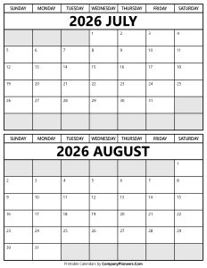 Printable July August 2026 Calendar