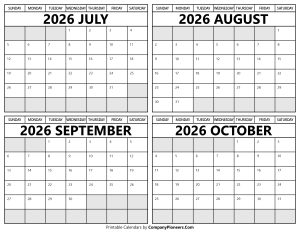 Printable July to October 2026 Calendars