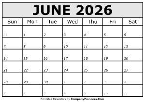Printable June 2026 Calendar Italic Font