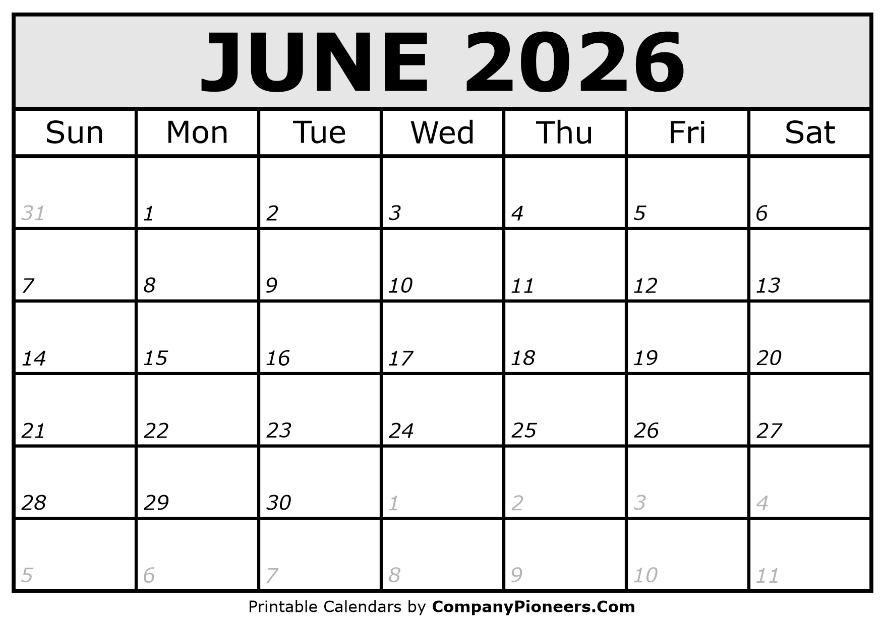 Printable June 2026 Calendar Italic Font