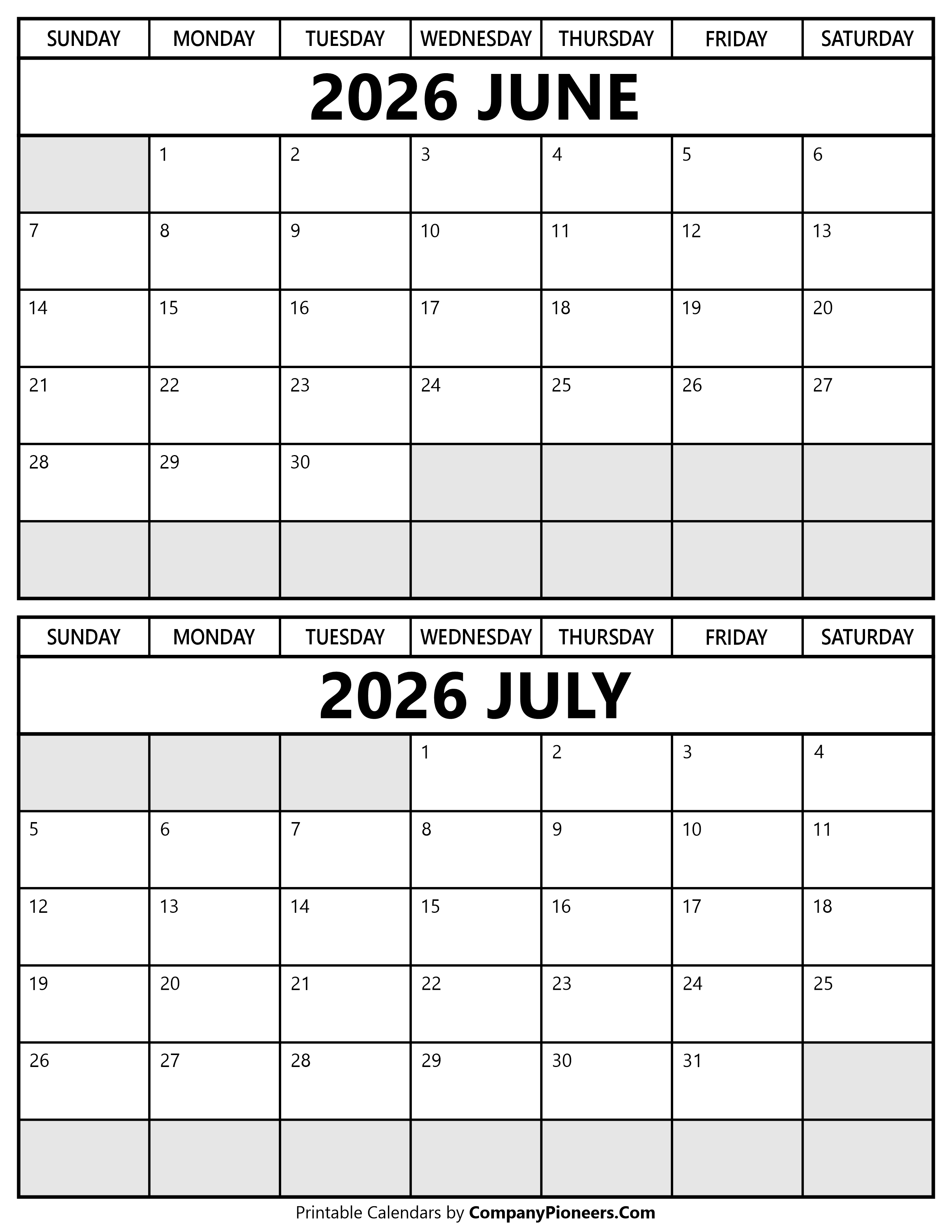 Printable June July 2026 Calendar