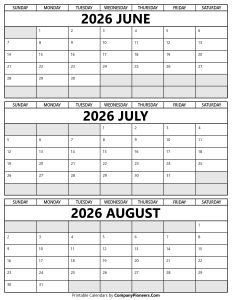 Printable June to August 2026 Calendar