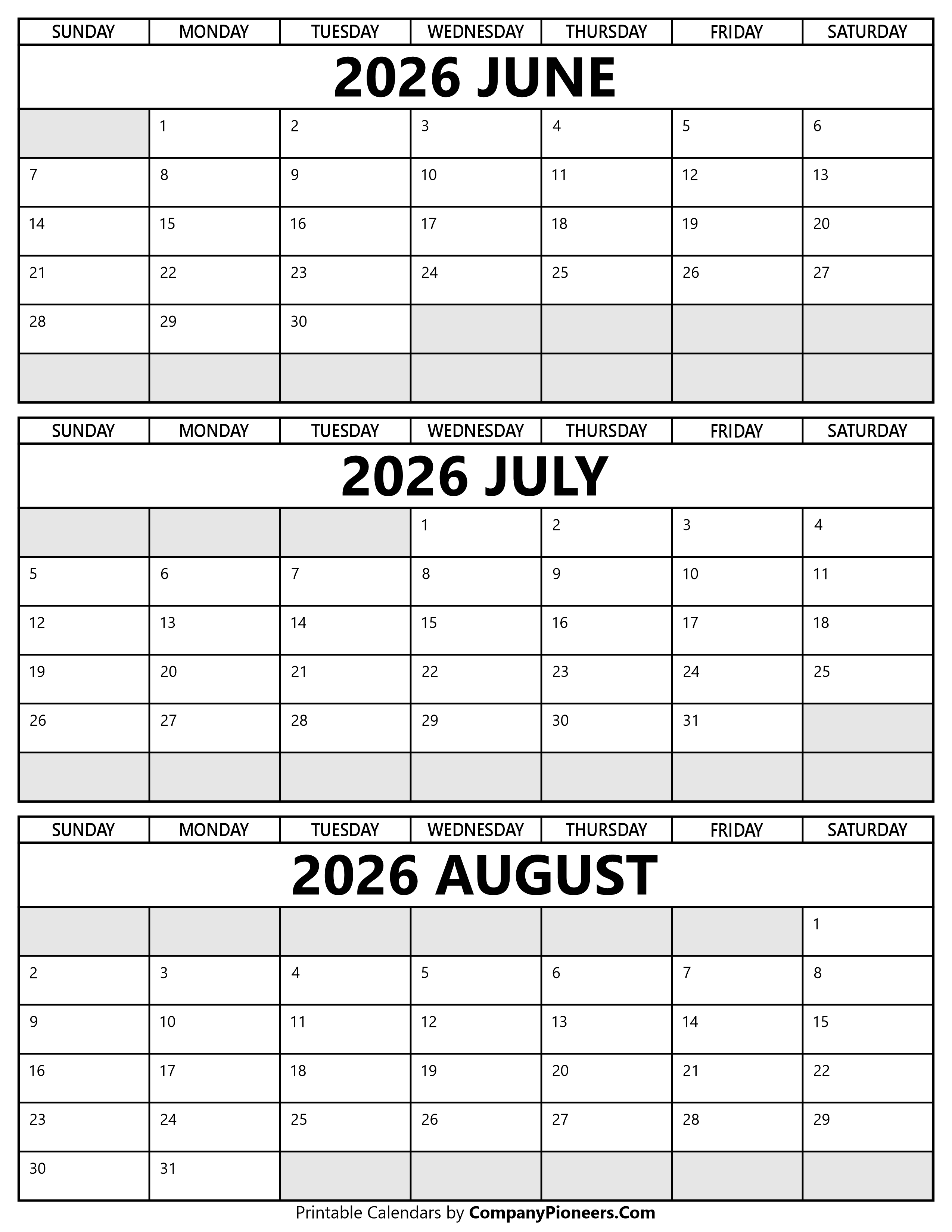 Printable June to August 2026 Calendar