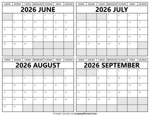 Printable June to September 2026 Calendars