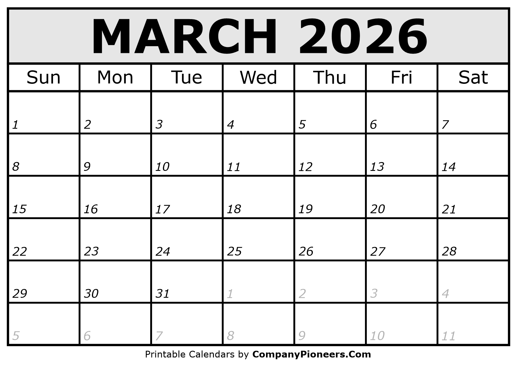Printable March 2026 Calendar Italic Font