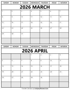 Printable March April 2026 Calendar