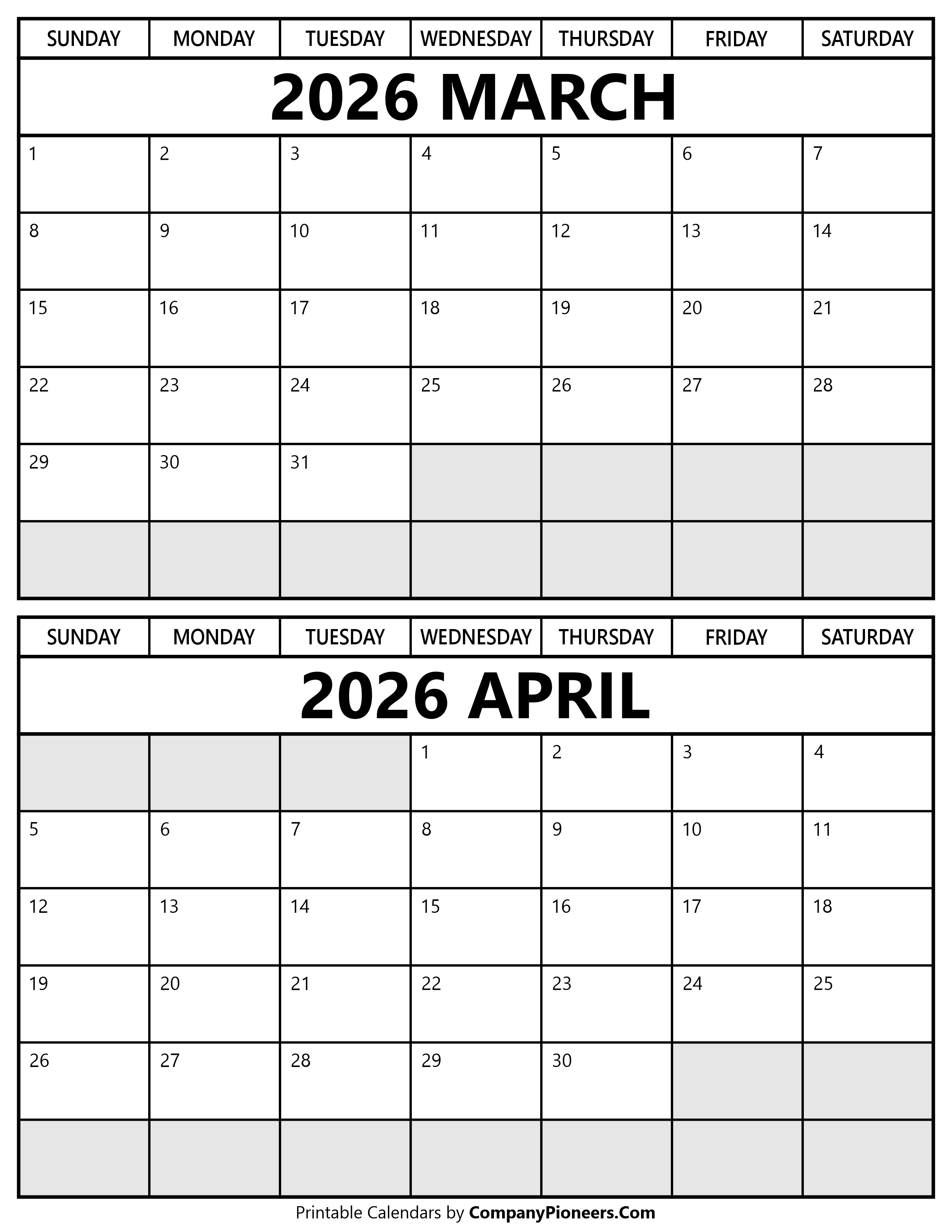 Printable March April 2026 Calendar