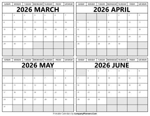Printable March to June 2026 Calendars