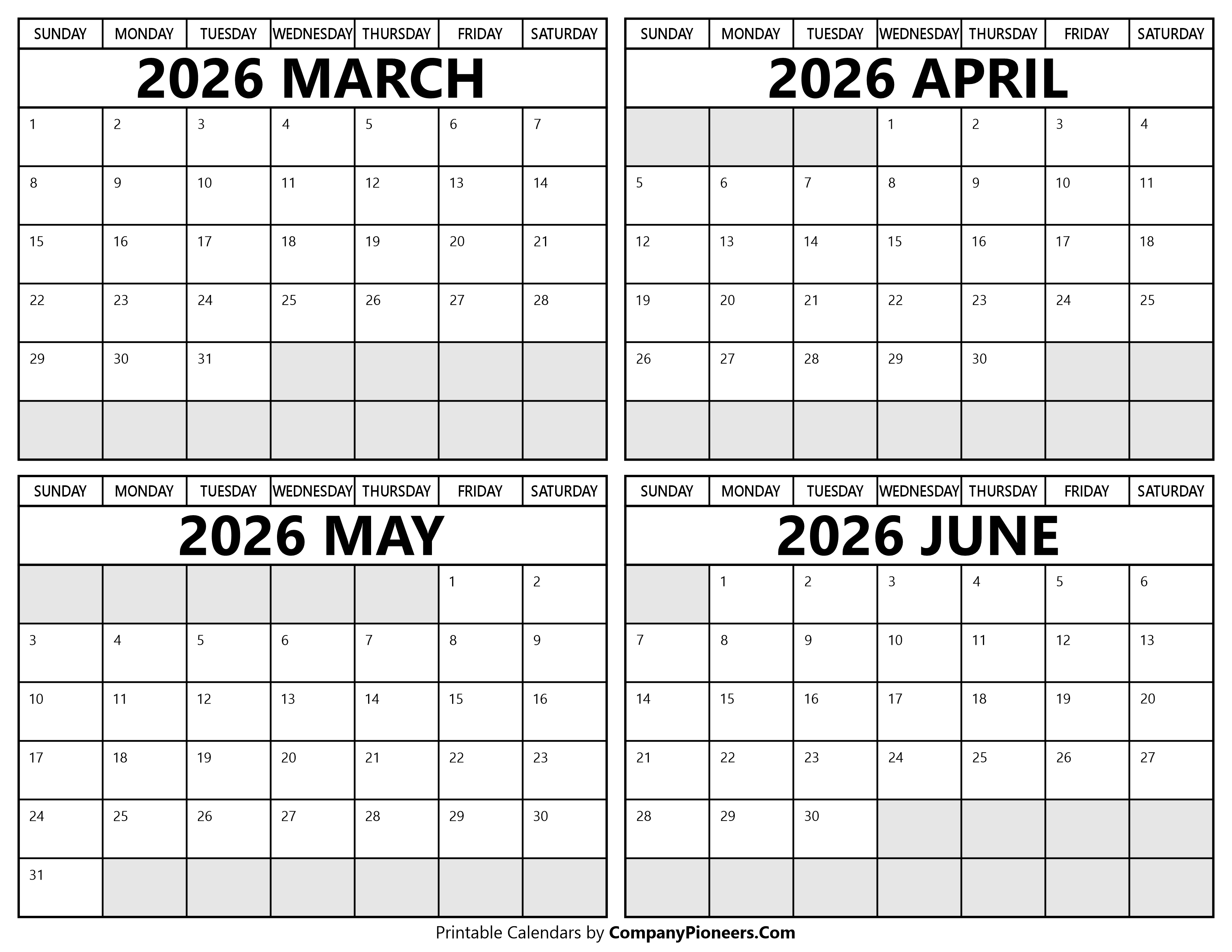 Printable March to June 2026 Calendars