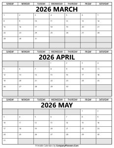 Printable March to May 2026 Calendar