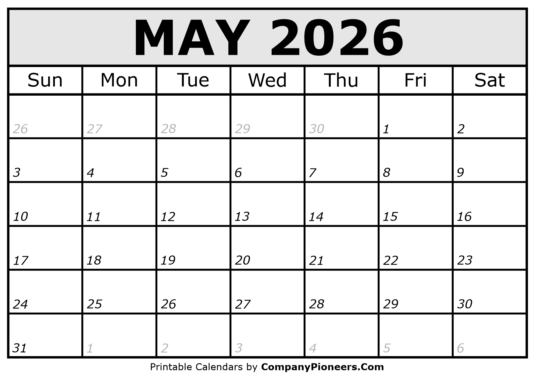 Printable May 2026 Calendar Italic Font