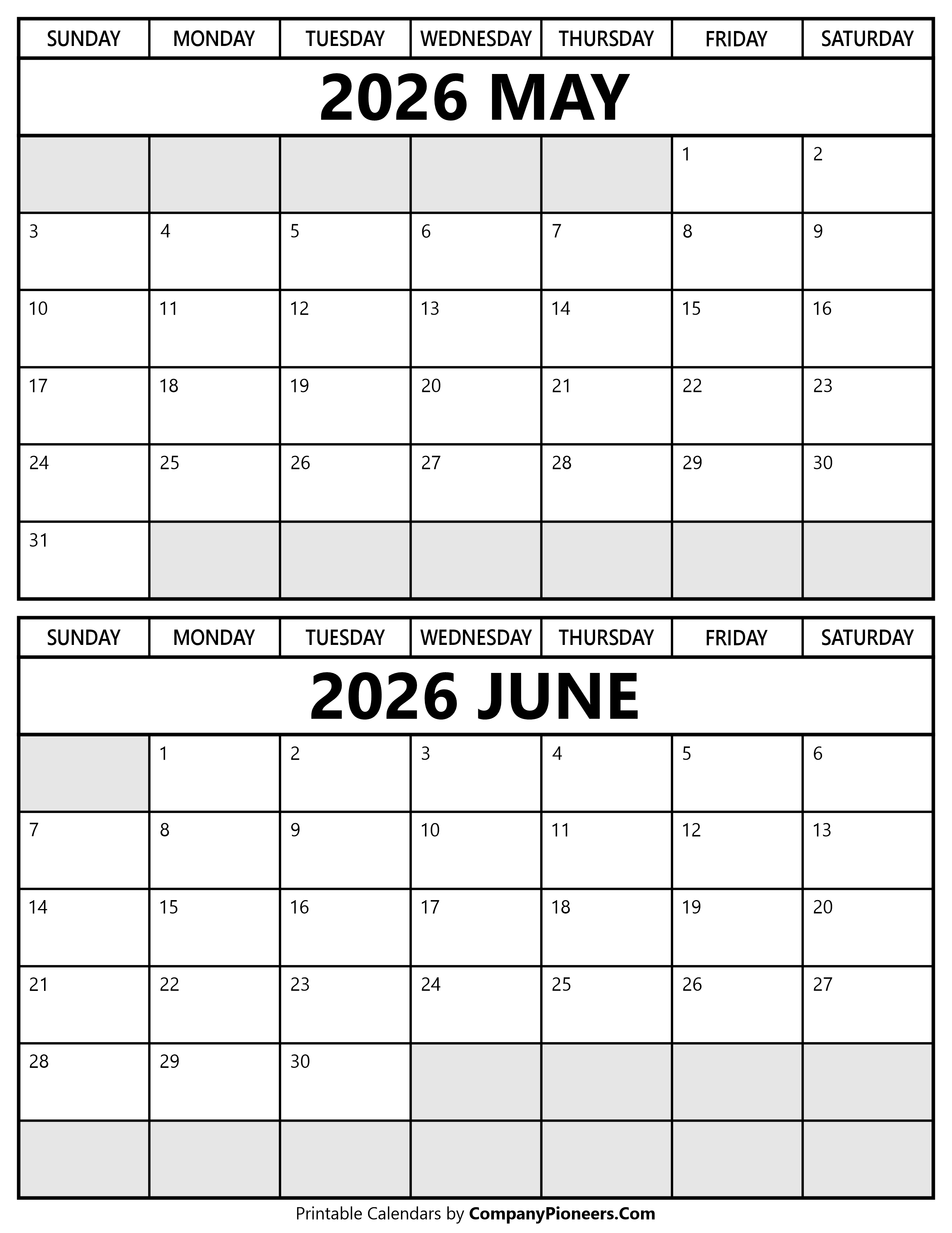 Printable May June 2026 Calendar