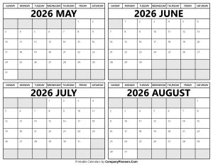 Printable May to August 2026 Calendars