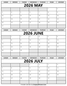 Printable May to July 2026 Calendar
