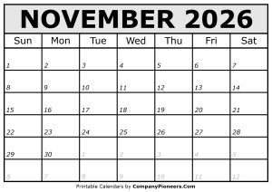 Printable November 2026 Calendar Italic Font