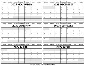 Printable November 2026 to April 2027 Calendar