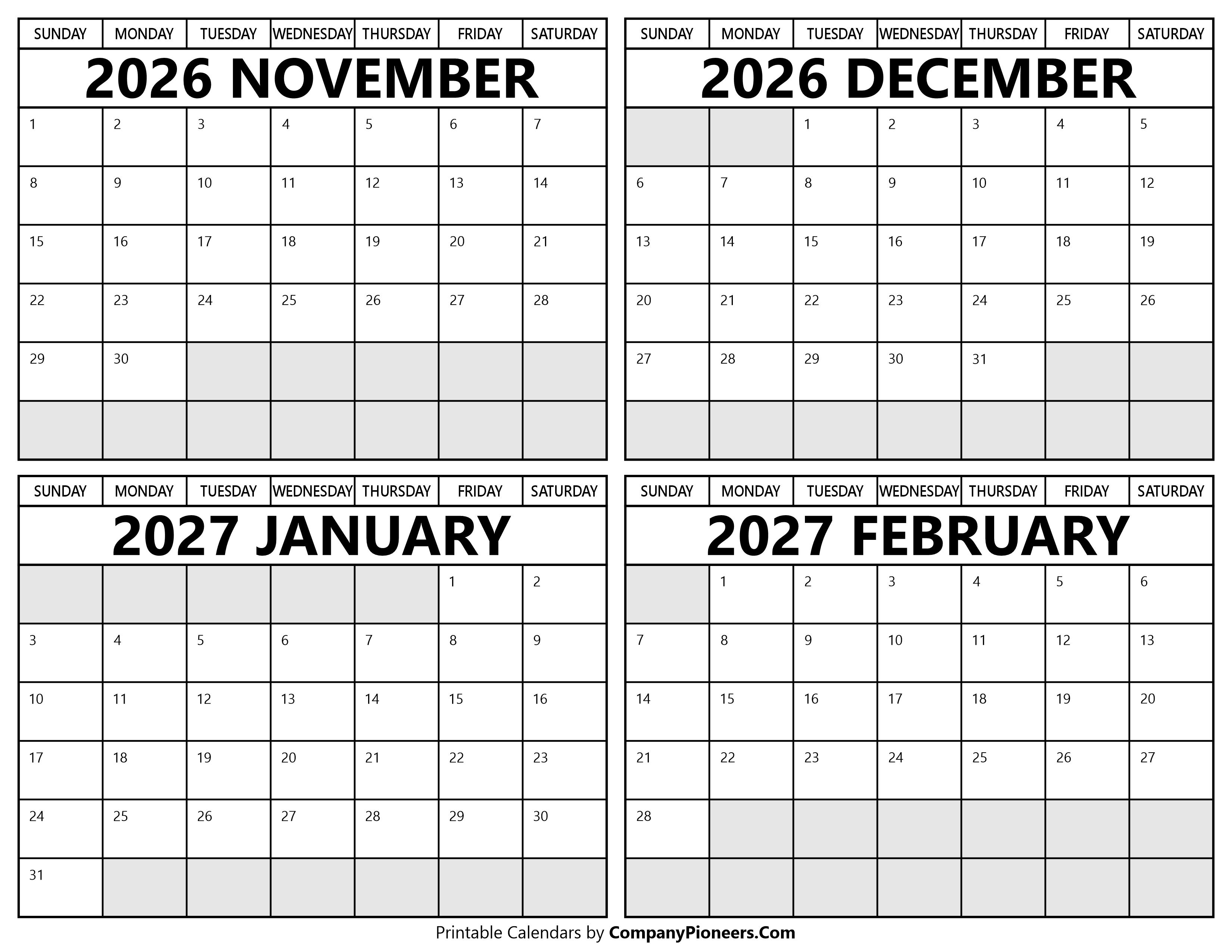 Printable November 2026 to February 2027 Calendars