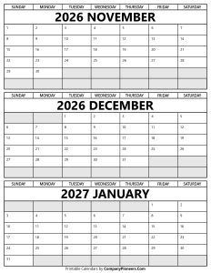 Printable November 2026 to January 2027 Calendar
