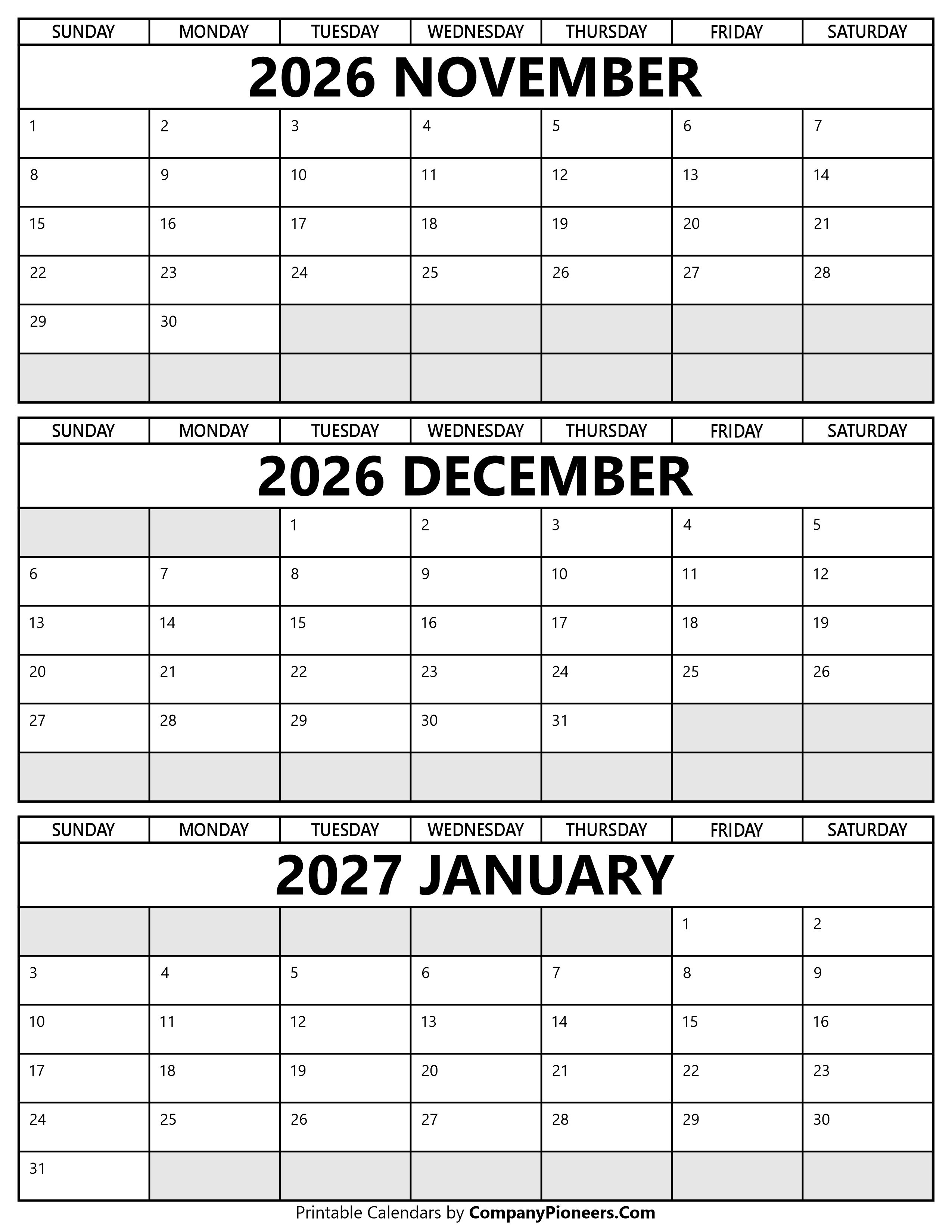 Printable November 2026 to January 2027 Calendar