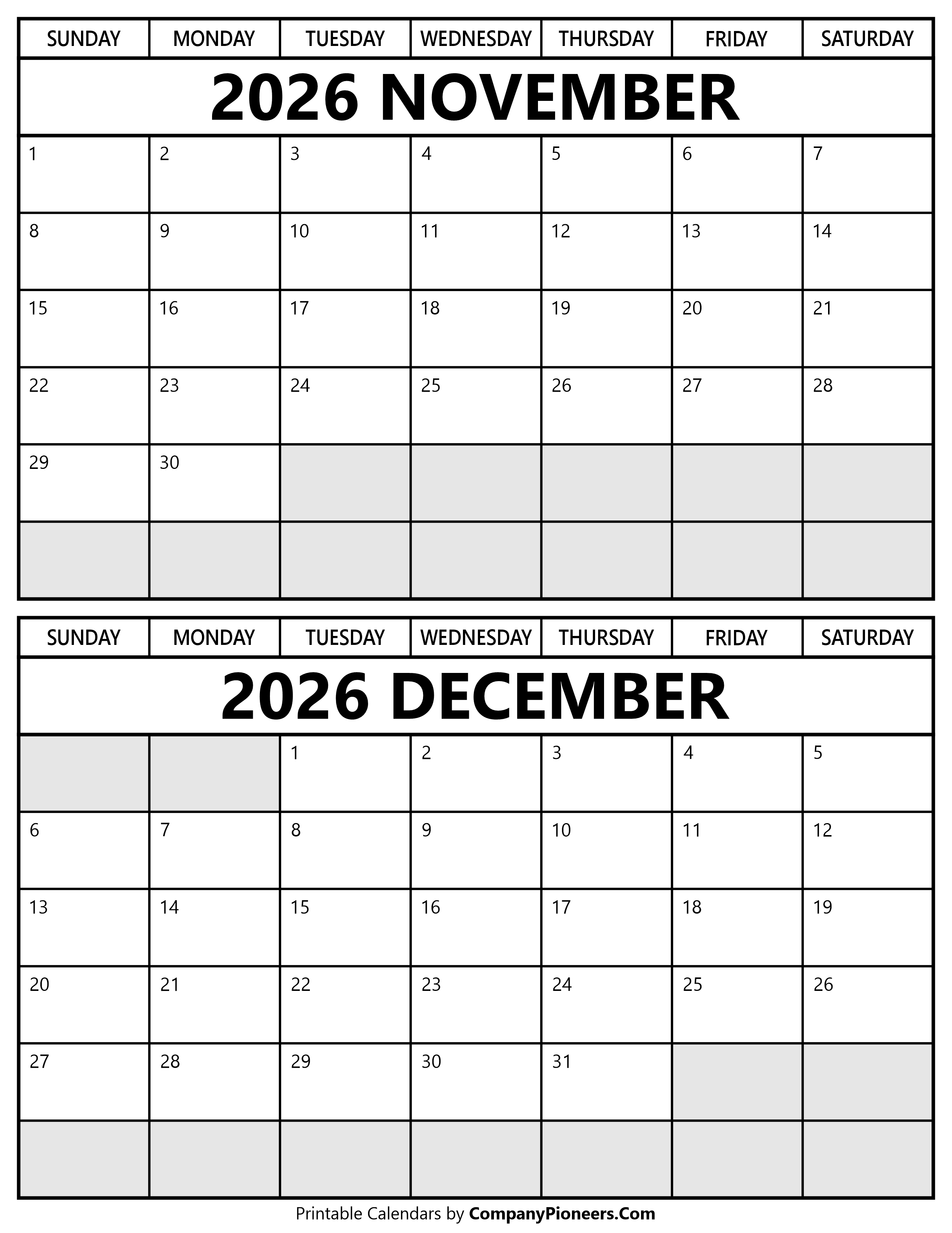 Printable November December 2026 Calendar