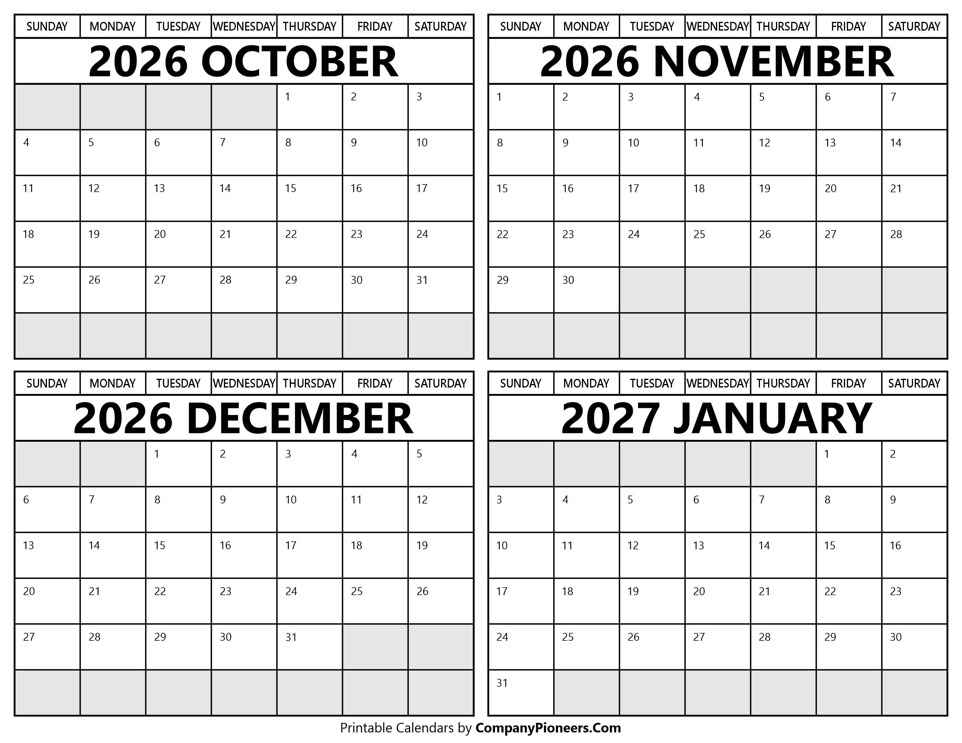 Printable October 2026 to January 2027 Calendars
