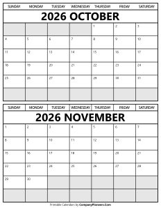 Printable October November 2026 Calendar