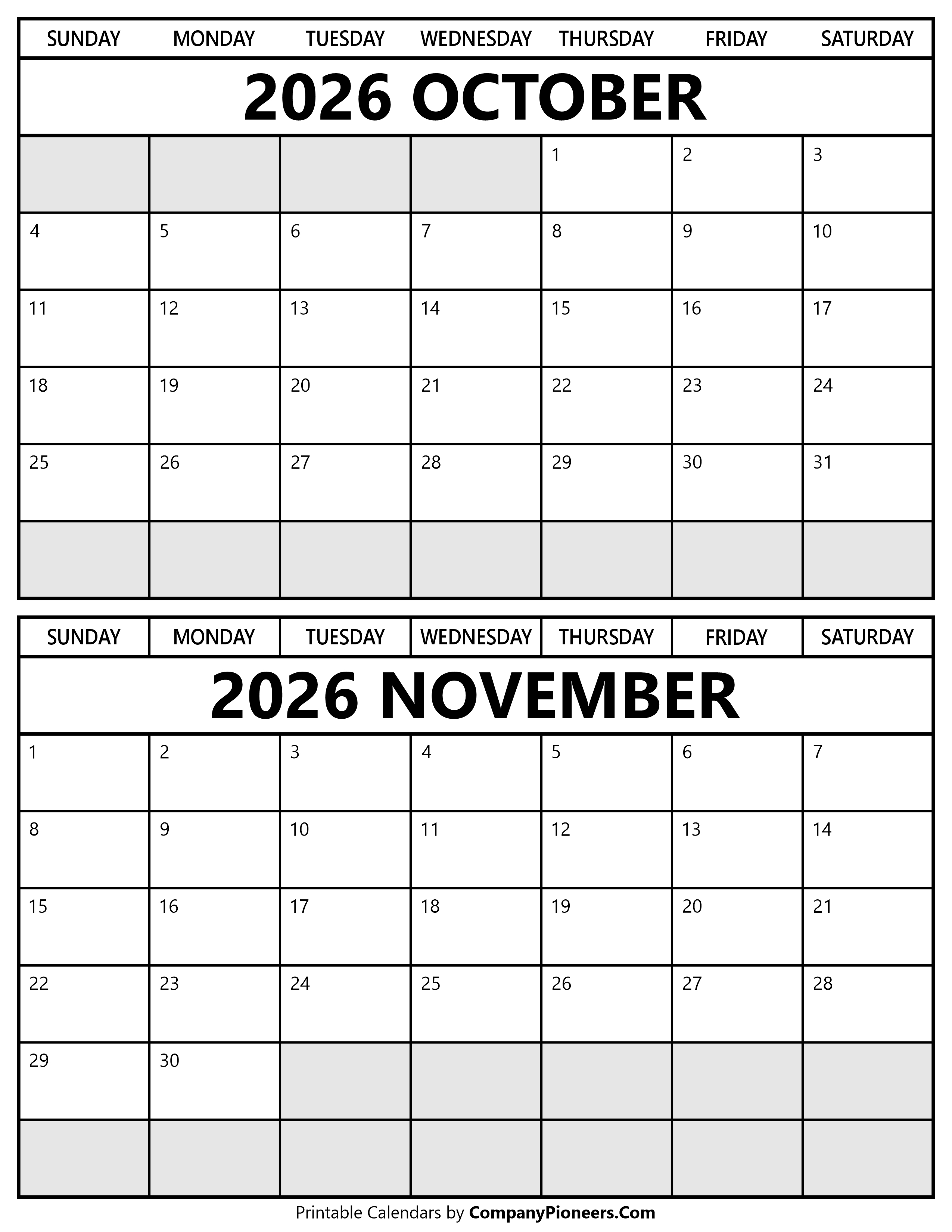 Printable October November 2026 Calendar