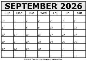 Printable September 2026 Calendar Italic Font
