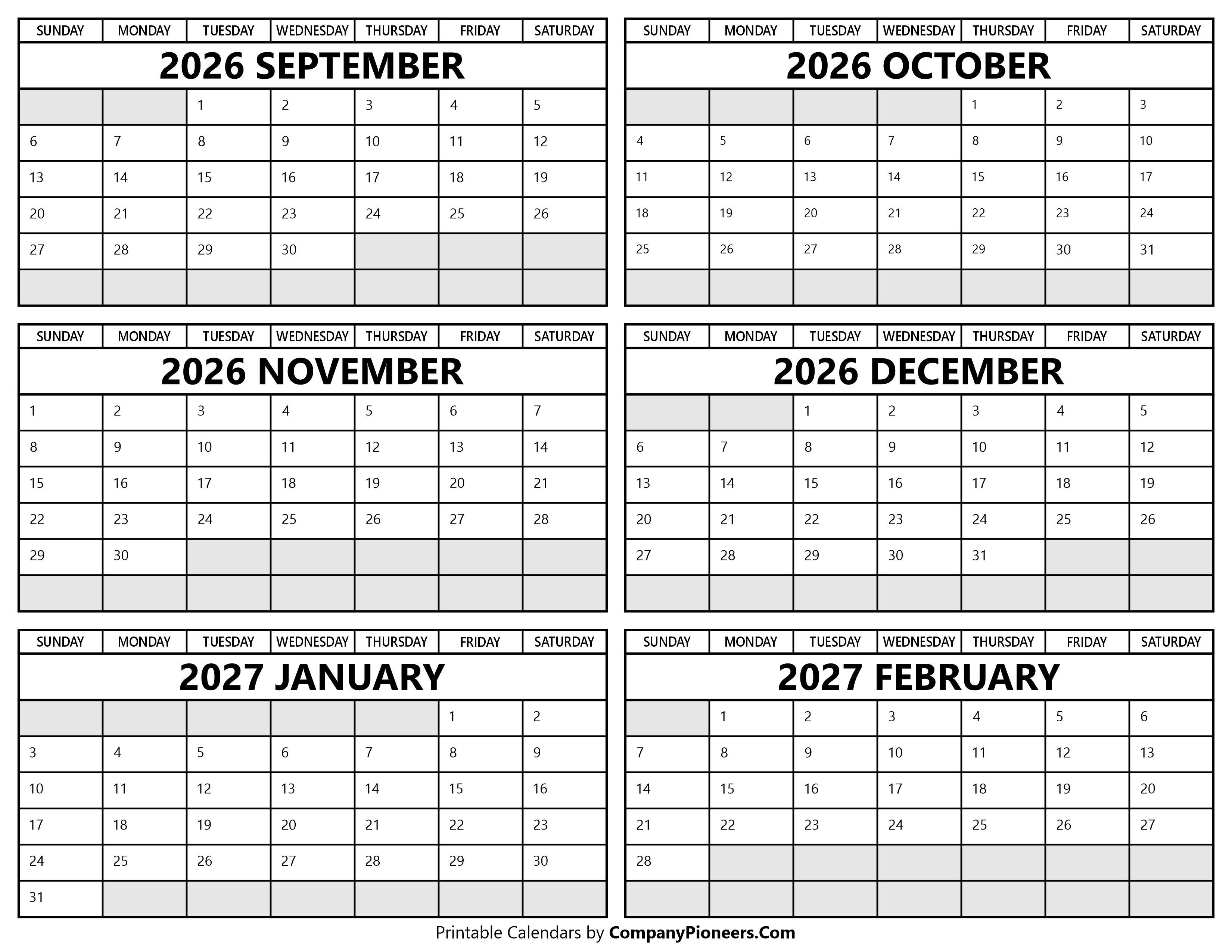 Printable September 2026 to February 2027 Calendar