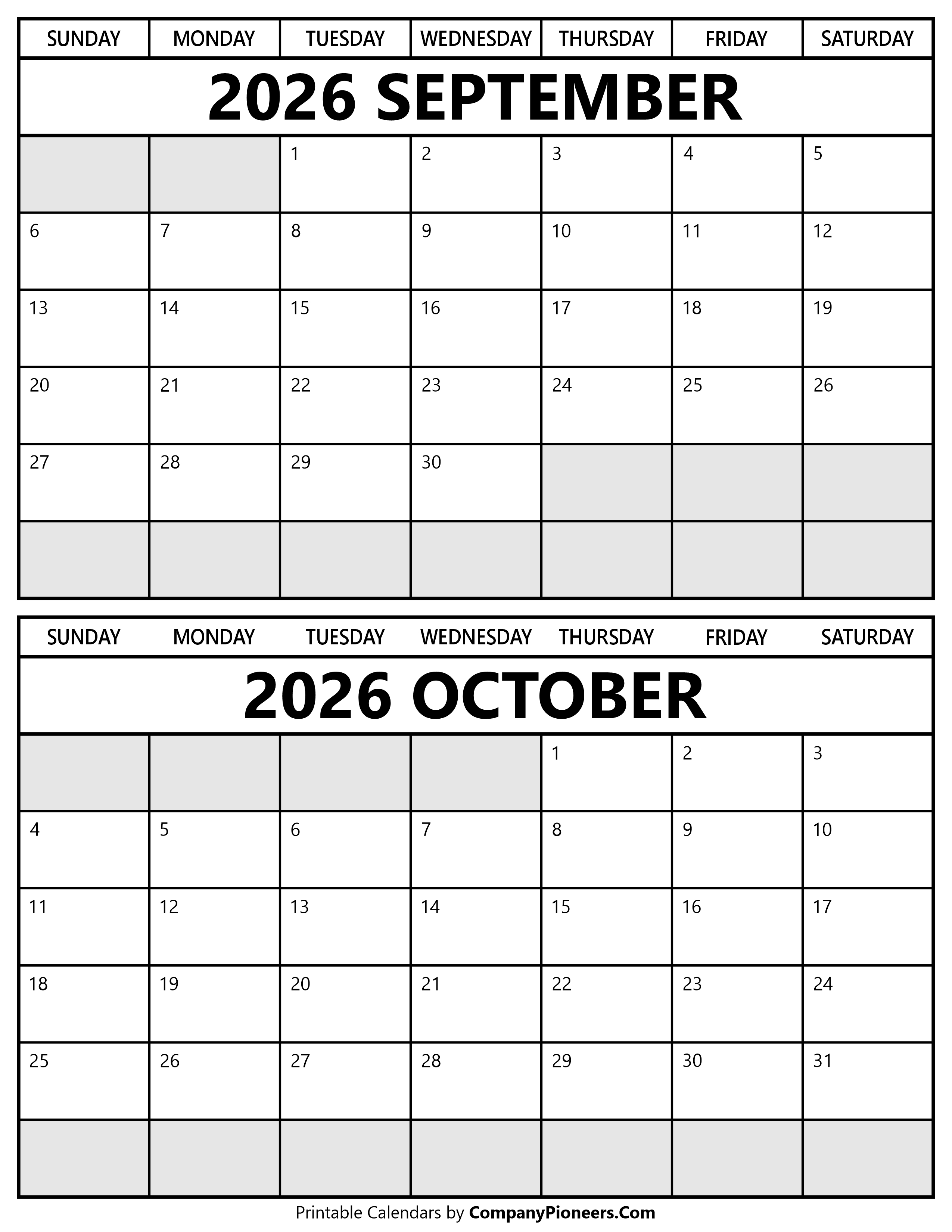 Printable September October 2026 Calendar