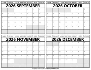 Printable September to December 2026 Calendars