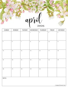 Red Roses Flower April 2026 Calendar with Notes