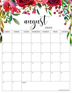 Red Roses Flower August 2026 Calendar with Notes