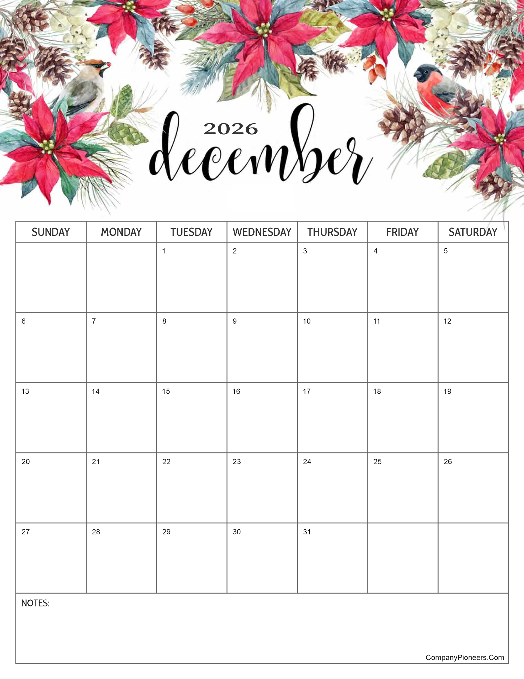 Red Roses Flower December 2026 Calendar with Notes