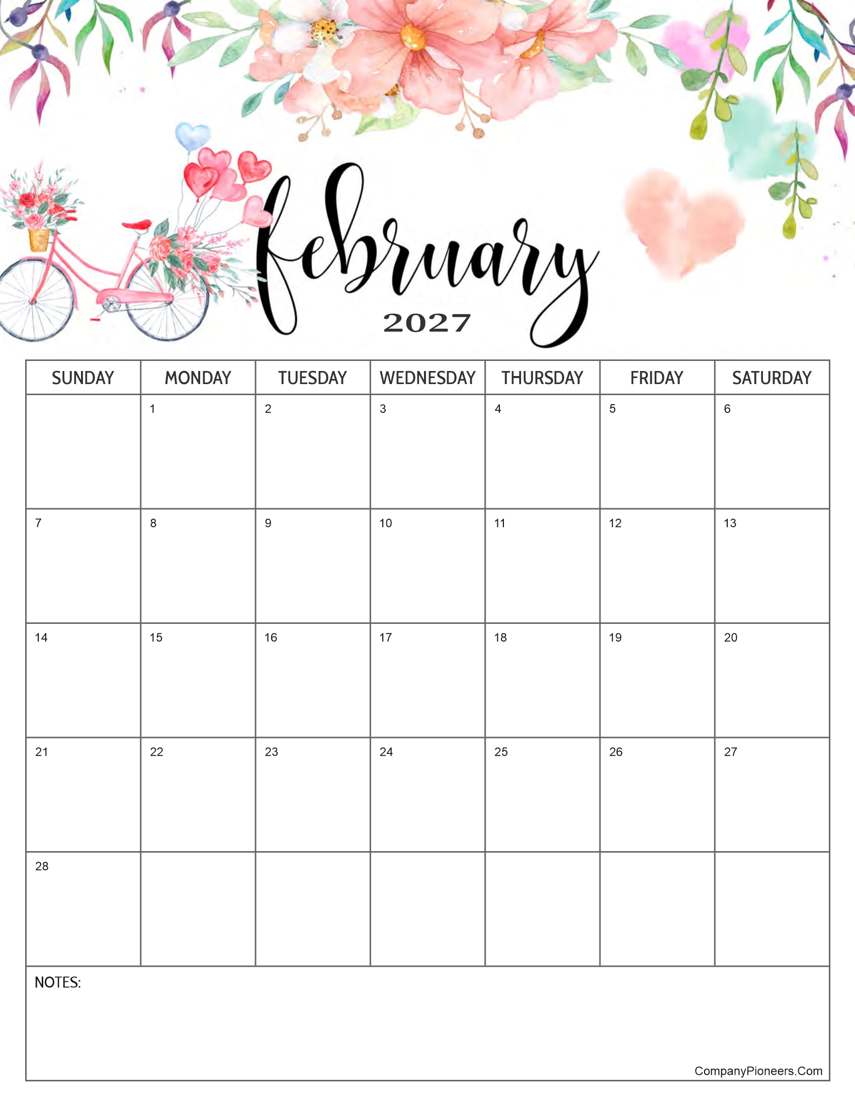 Red Roses Flower February 2027 Calendar with Notes
